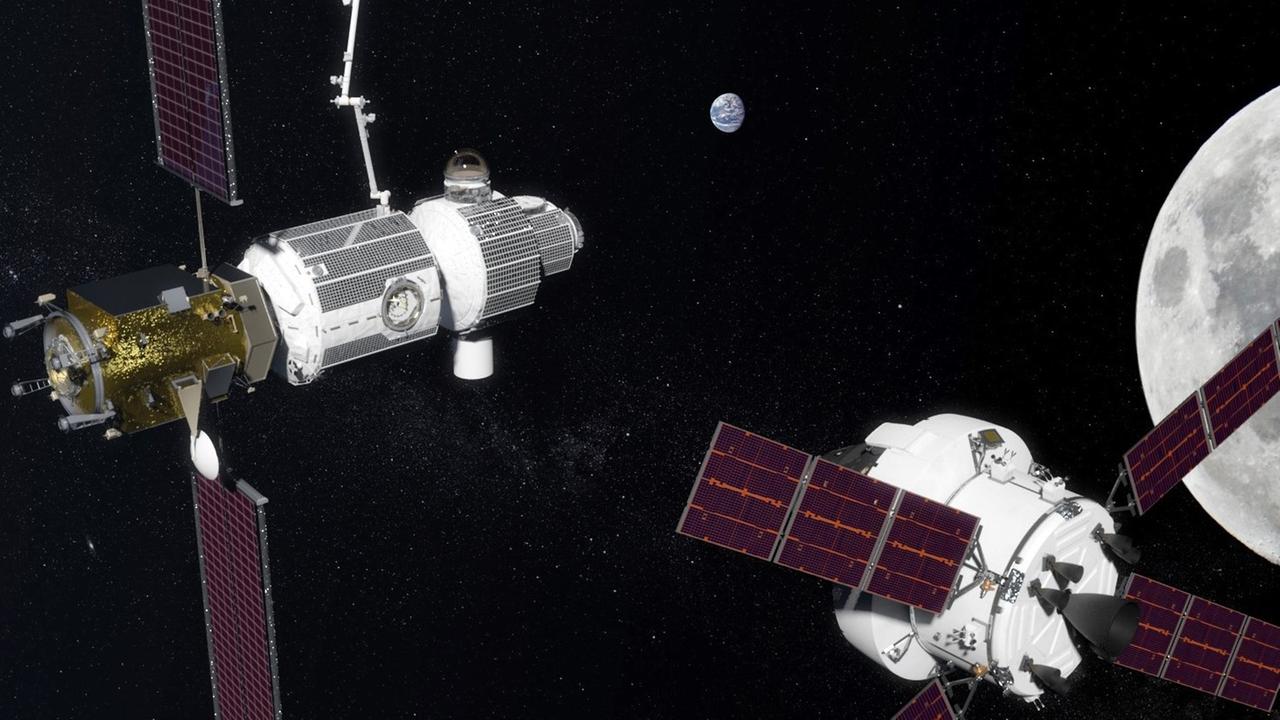 Das Computer-Bild zeigt die geplante Raum-Station (links) und ein Raumfahrzeug.