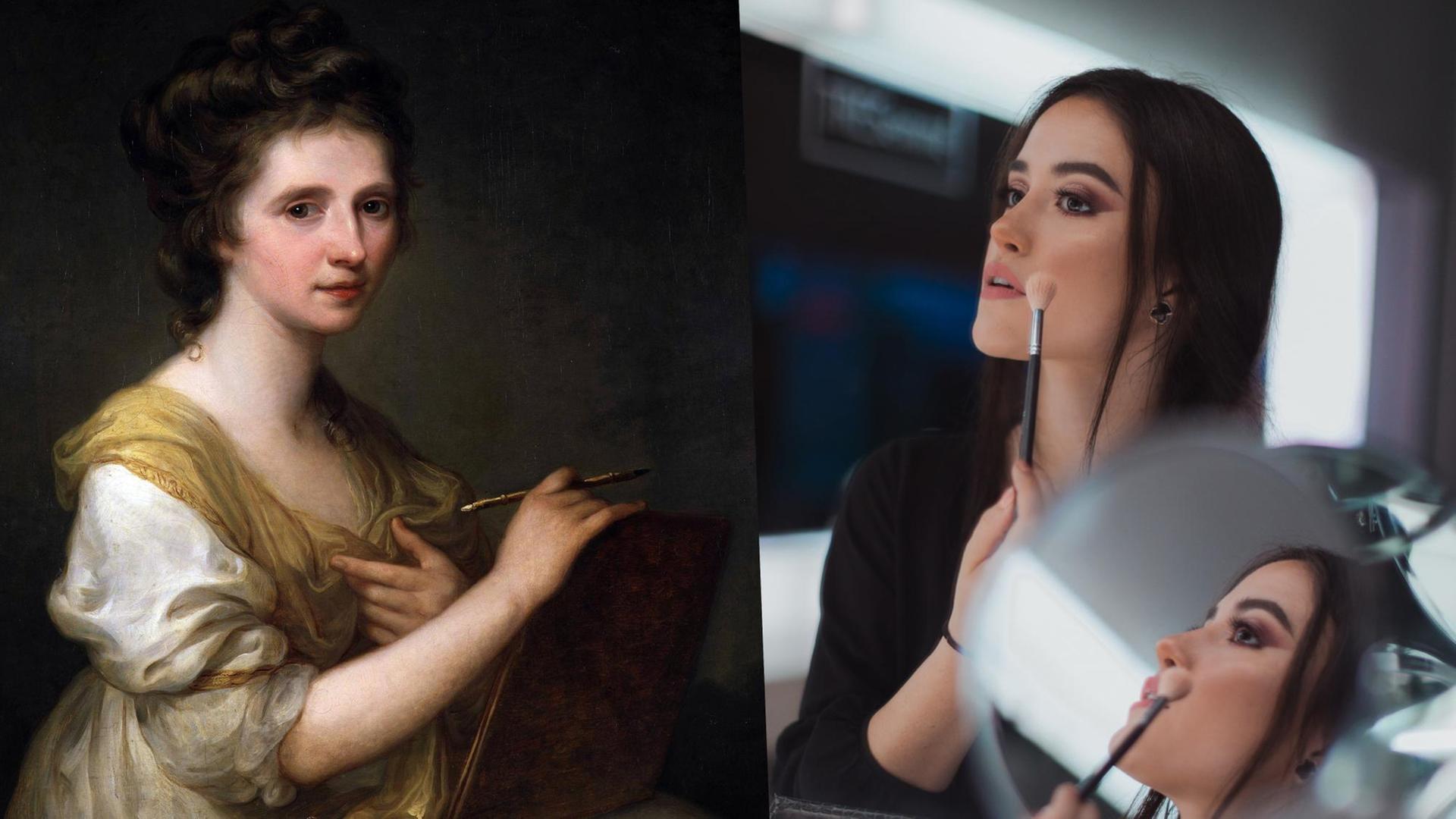 Das Selbstporträt Angelika Kauffmanns neben einem Bild einer Influencerin die gerade ihr Make-up aufträgt. (Collage)