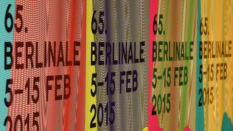 Der Schriftzug der 65. Internationalen Filmfestspiele ist in Berlin im Hotel Hyatt auf Plakaten zu sehen. Die Berlinale findet vom 05. bis zum 15.02. in Berlin statt.