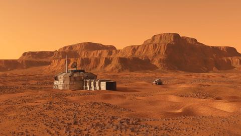 Farbige Illustration einer bewohnten Basis am Mars.