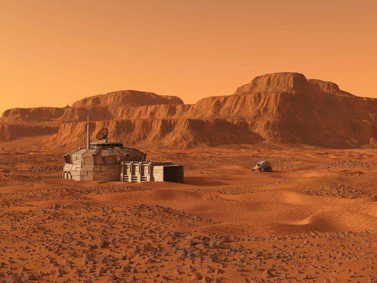 Farbige Illustration einer bewohnten Basis am Mars.