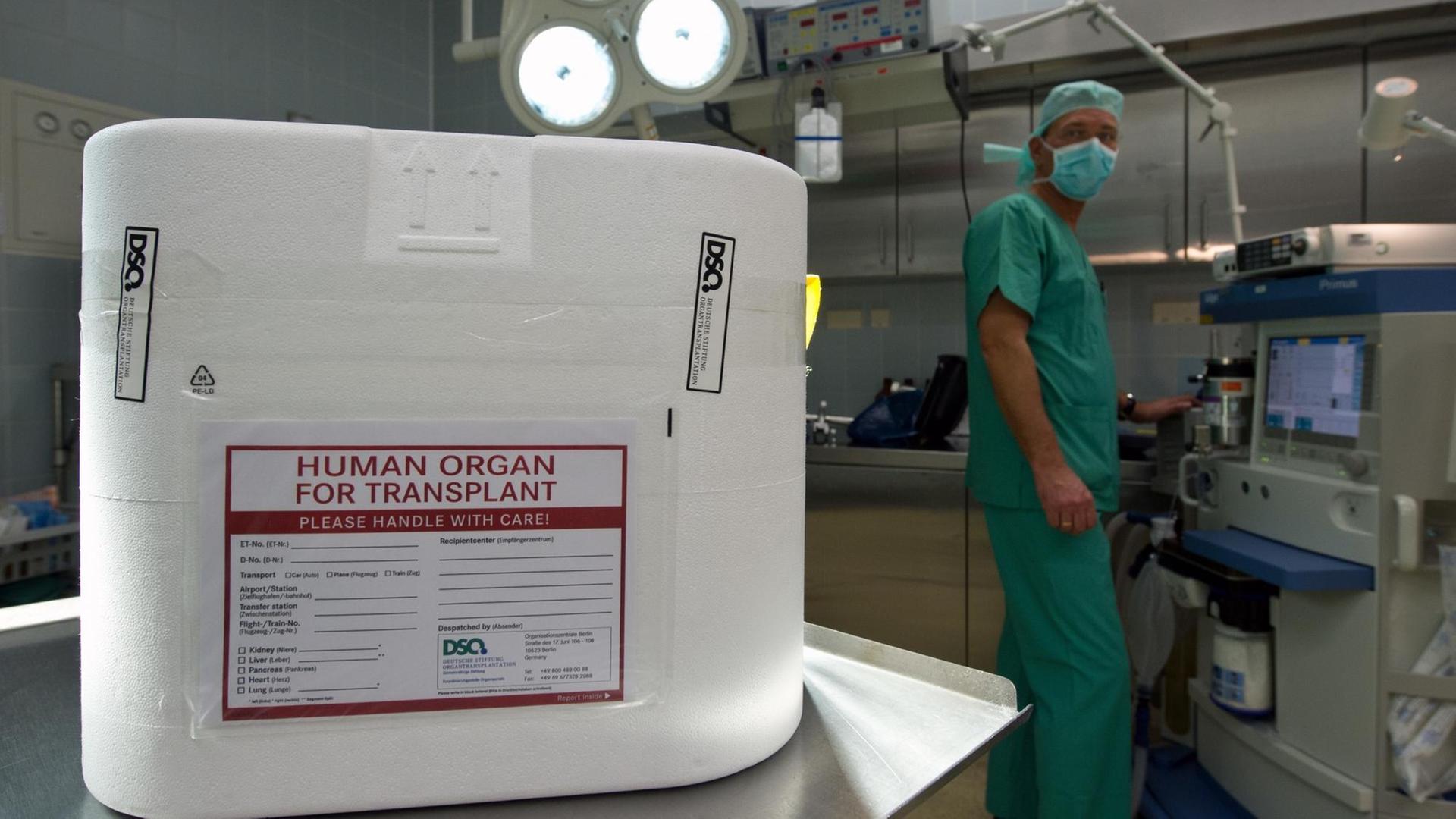 Ein Styropor-Behälter zum Transport von zur Transplantation vorgesehenen Organen im Operationssaal eines Krankenhauses