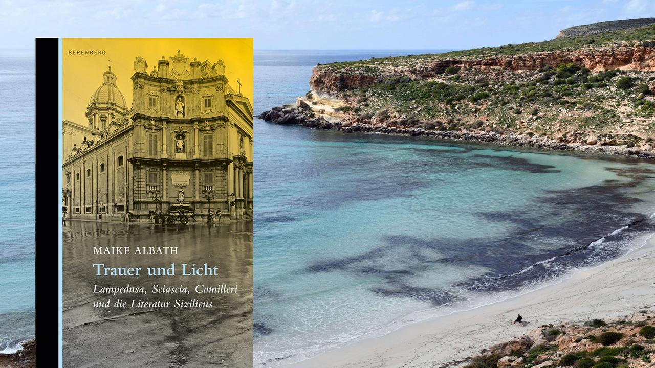 Im Vordergrund ist das Buchcover "Trauer und Licht", im Hintergrund ist eine Bucht der italienischen Insel Lampedusa.