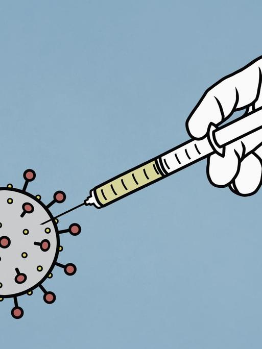 Illustration einer Spritze, die in ein 3D Modell des Coronavirus sticht