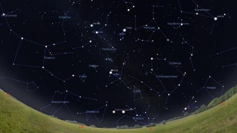 Der Blick an den Südhimmel mit Jupiter und Saturn über dem Horizont am 1. gegen 1 Uhr, am 15. gegen Mitternacht und am 31. Juli gegen 23 Uhr MESZ