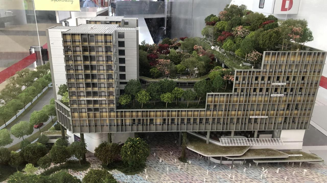 Foto vom Modell eines Hochhauskomplexes mit vielen grünen Oasen