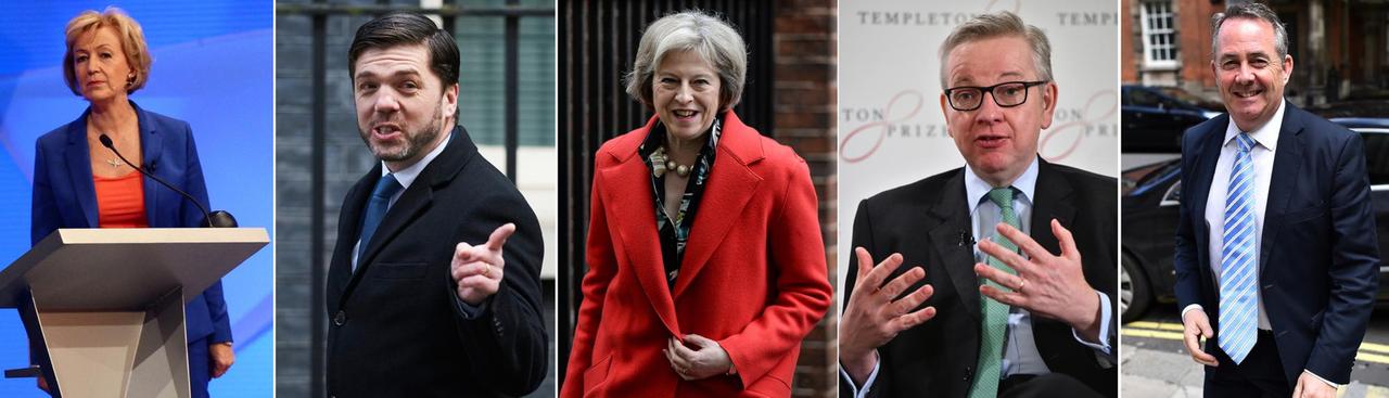 Portraits der Kandidaten für den Vorsitz der britischen Konservativen: Andrea Leadsom, Stephen Crabb, Theresa May, Michael Gove und Liam Fox (von links nach rechts)