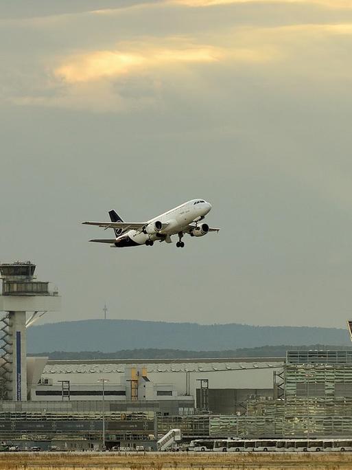 Airbus A 319 "Rüsselsheim" der Lufthansa beim Start am Frankfurter Flughafen "Fraport". Im Hintergrund, Tower, Terminal 1 und der große Hangar.