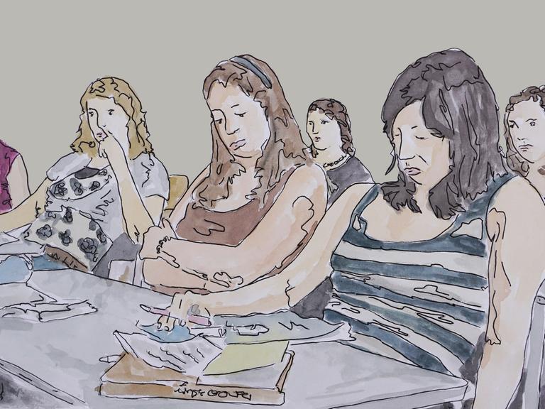 Zeichnung zu Folge 4: Jugendliche sitzen an Schulbänken und schauen gelangweilt auf ihre Handys.