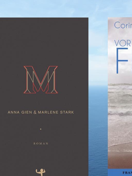 Buchcover links: Anna Gien/Marlene Stark: „M“, Buchcover rechts: Corinna T. Sievers: „Vor der Flut“