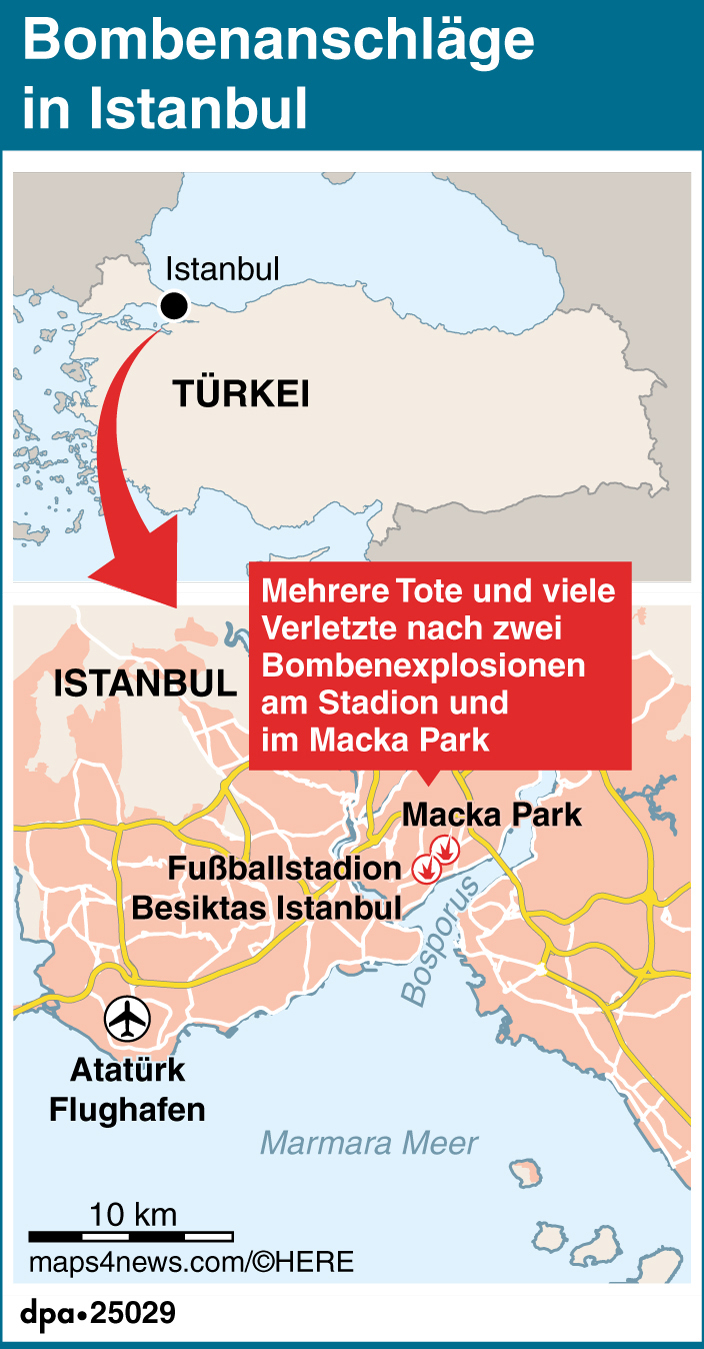 Karte Istanbuls mit Lage der beiden Bombenanschlägevom 10.12.2016