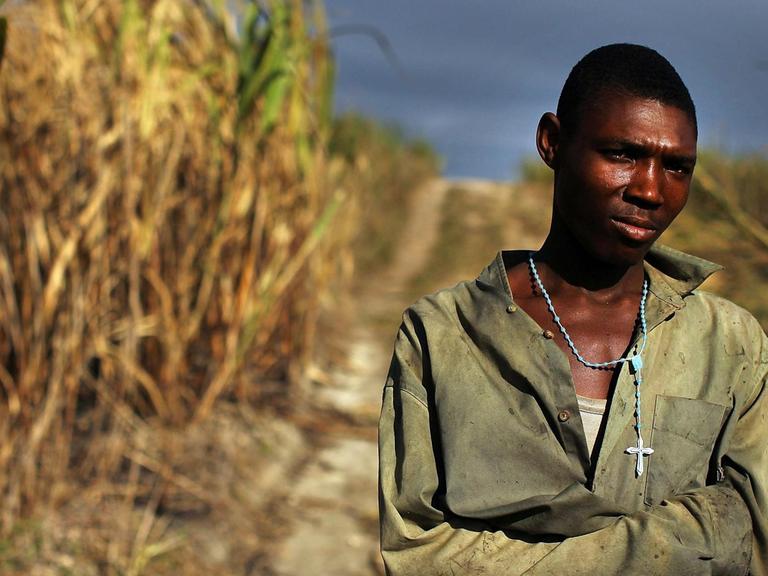 Ein haitianischer Erntehelfer macht eine Pause neben einer Zuckerrohr-Plantage.