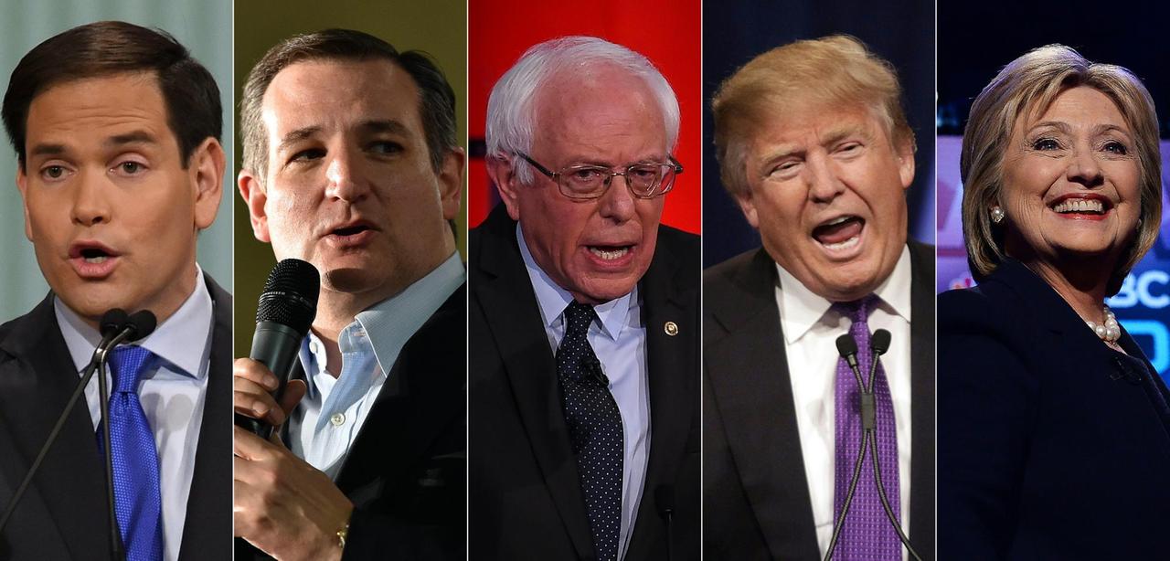 Die fünf amerikanischen Kandidaten zur Präsidentschafts-Vorwahl, Trump und Clinton.