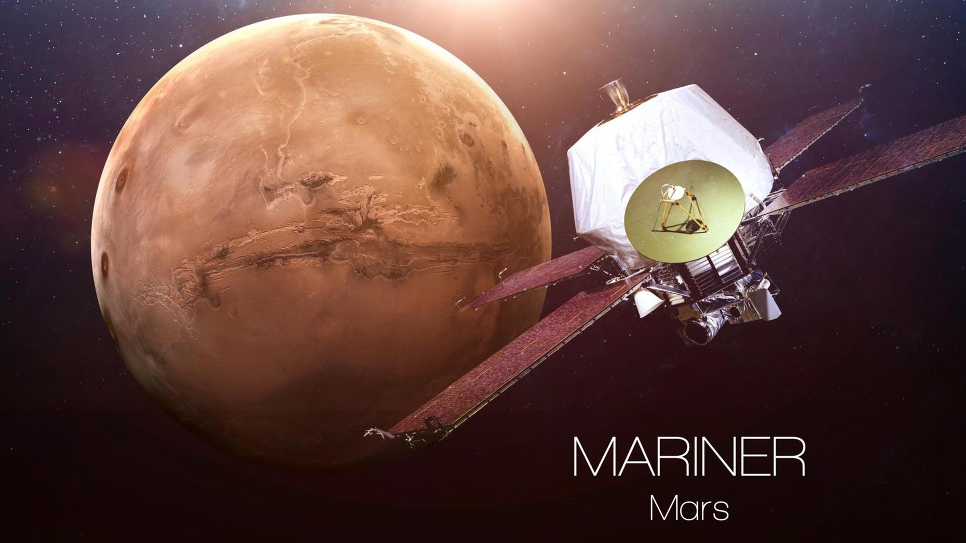 Eine Grafik auf Grundlage von Nasa-Bildern von zeigt eine Mariner- Raumsonde auf den Roten Planten zusteuernd Illustration einer Mariner-Raumsonde nahe dem Mars