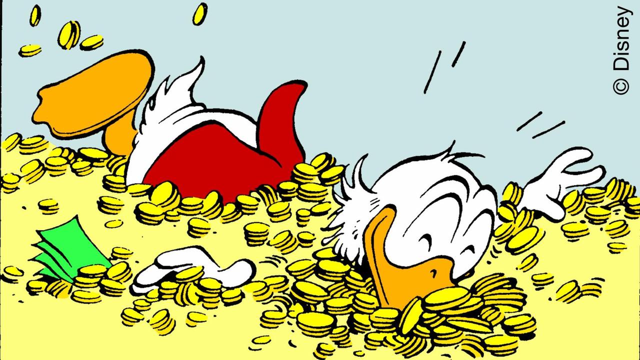 Der Großkapitalist Dagobert Duck badet ein seinem Reichtum