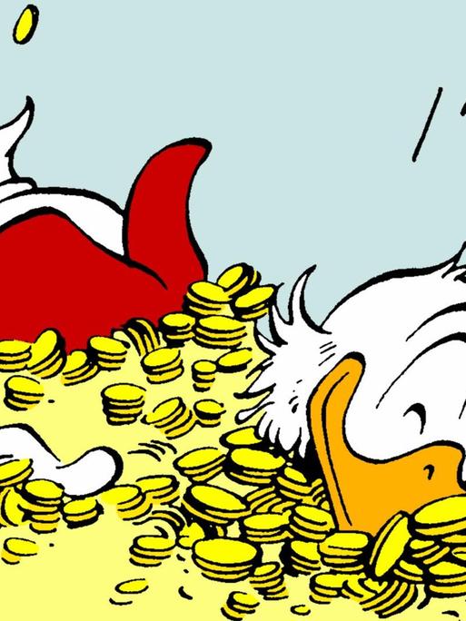 Der Großkapitalist Dagobert Duck badet ein seinem Reichtum