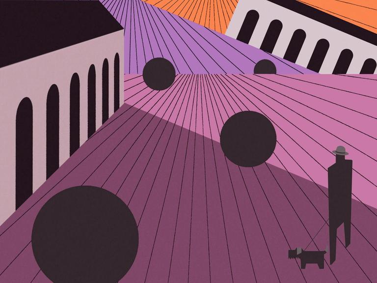 Illustration: Eine Person mit Hund geht in surrealer geometrischer Landschaft spazieren.