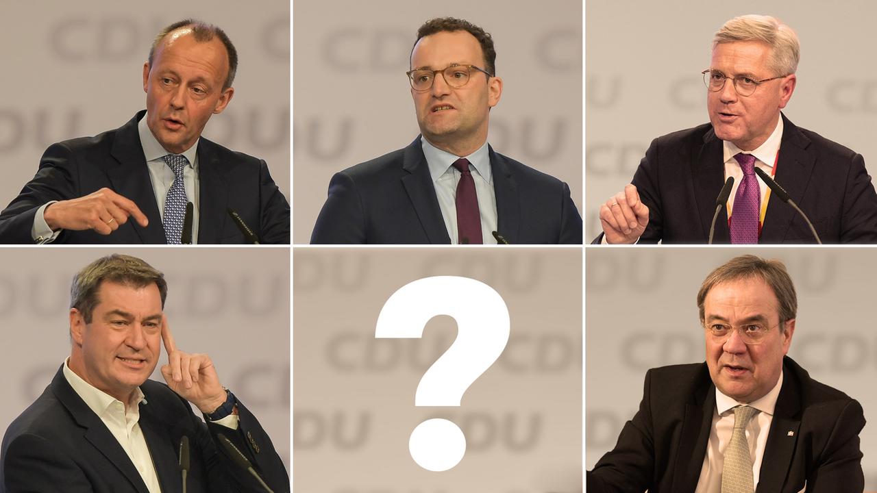 Mögliche Unions-Kanzlerkandidaten Friedrich Merz, Jens Spahn, Norbert Röttgen, Markus Söder und Armin Laschet