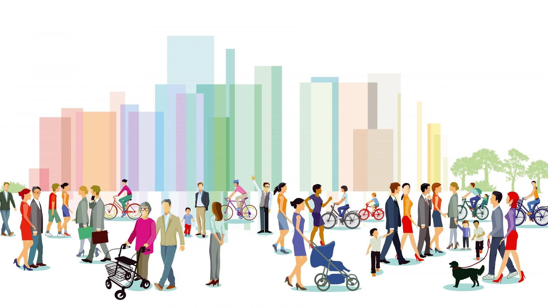 Eine Illustration zeigt viele verschiedene Menschen, stellvertretend für die unterschiedlichsten Identitäten im urbanen Raum.