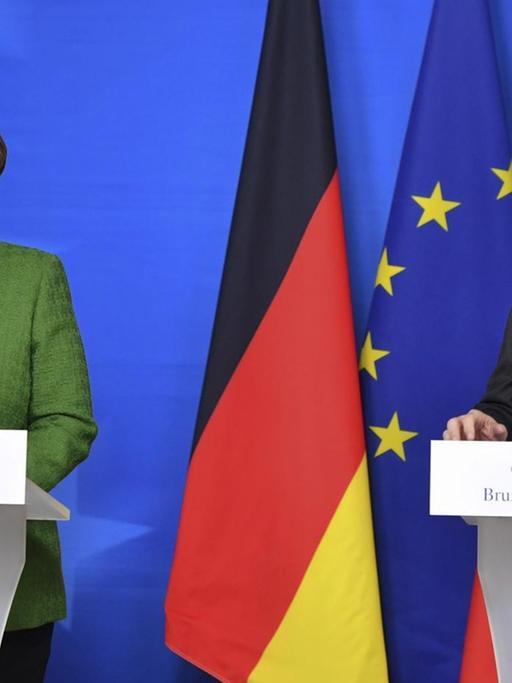 Bundeskanzlerin Merkel und Frankreichs Präsident Macron nach dem EU-Gipfel in Brüssel am 23. März 2018
