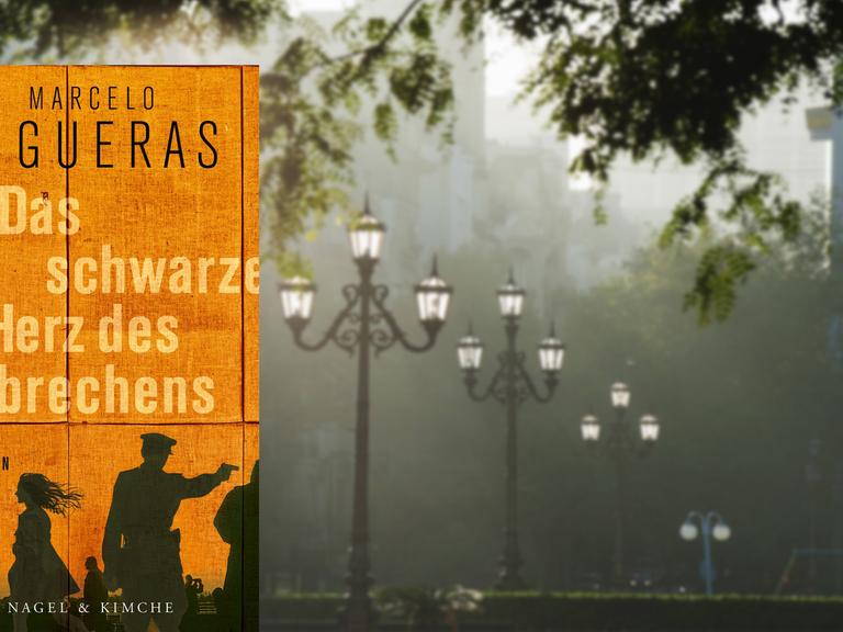 Cover des Buches "Das schwarze Herz des Verbrechens" von Marcelo Figueras / im Hintergrund: Straßenlaternen in Buenos Aires