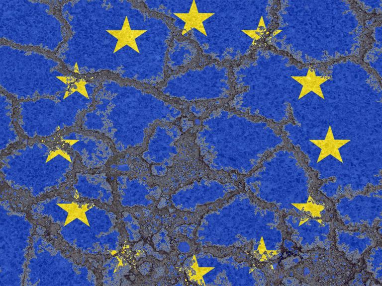 Die Flagge der Europäischen Union auf erodierendem Asphalt Eine auf Asphalt gemalte EU-Flagge hat Risse bekommen.