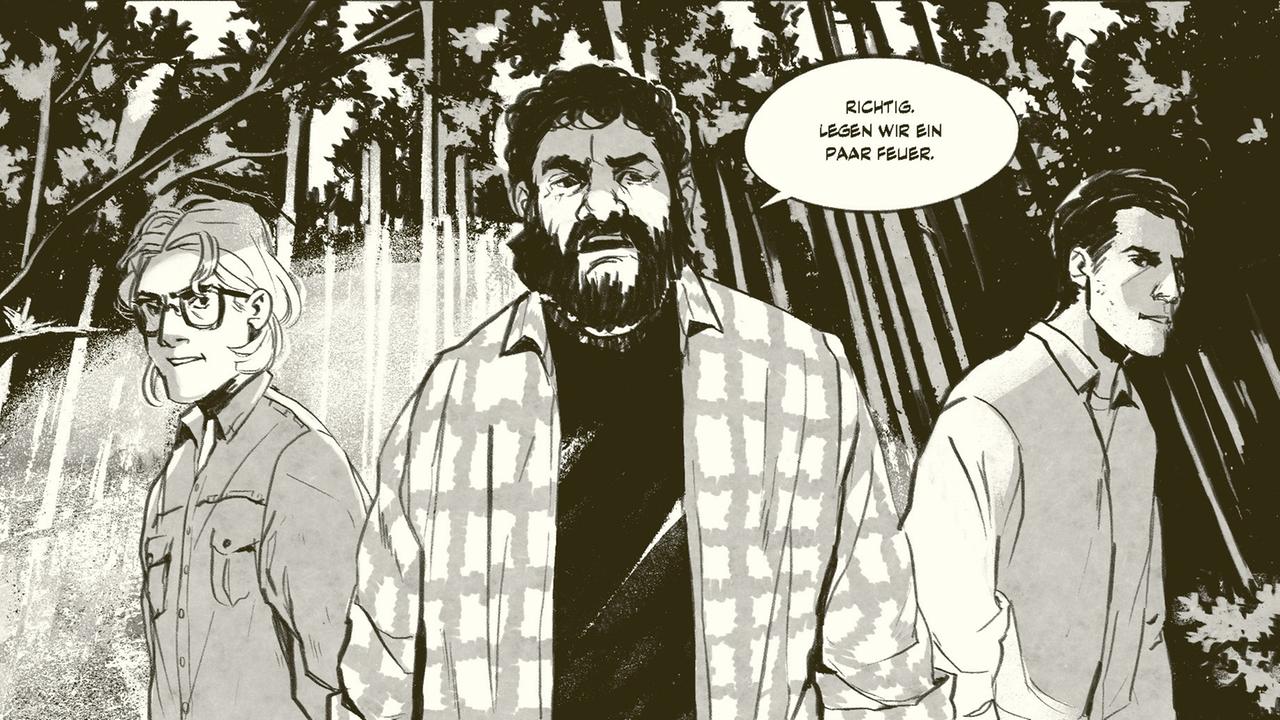 Szene aus der Graphic Novel "Rocky Beach": Die älter gewordenen Figuren aus "Die Drei ???" stehen in einem Wald. Eine Figur sagt "Richtig, legen wir ein paar Feuer."