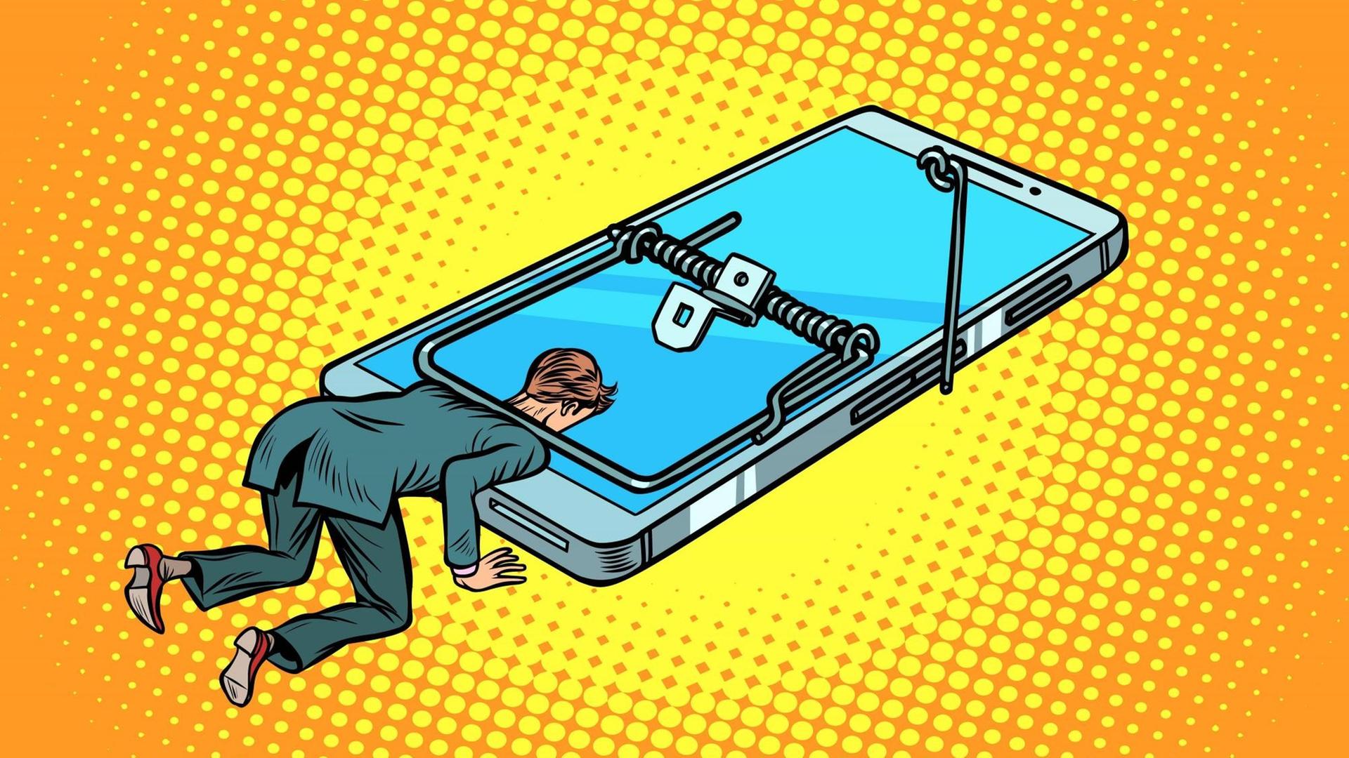 Eine Illustration zeigt einen Mann, der von einer Mausefalle in der Form eines Smartphones gefangen ist.