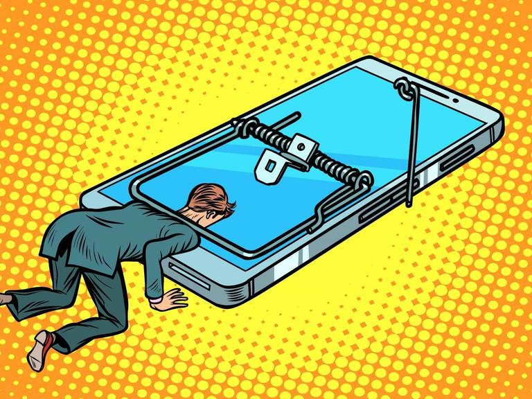Eine Illustration zeigt einen Mann, der von einer Mausefalle in der Form eines Smartphones gefangen ist.