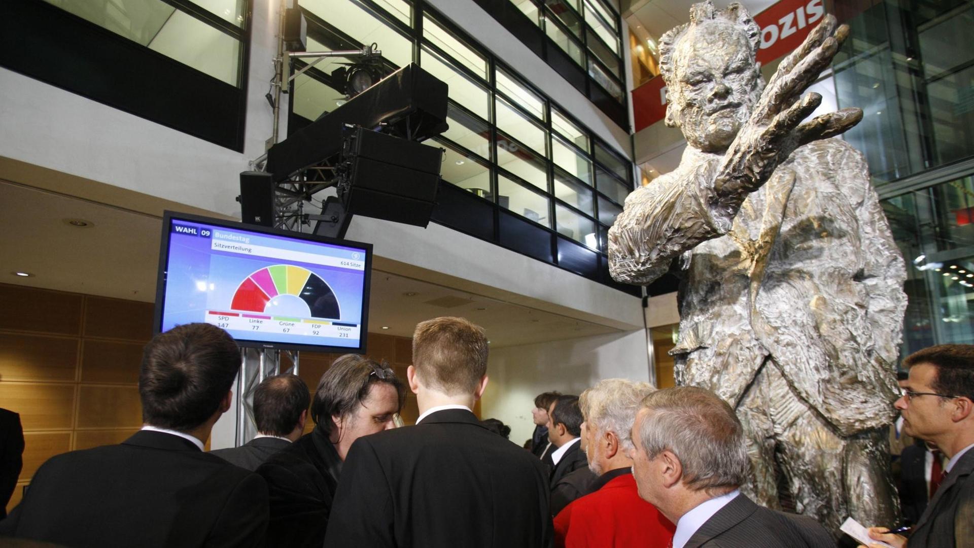 Besucher im Willy-Brandt-Haus, der Parteizentrale der SPD, verfolgen unter der Statue von Willy Brandt Hochrechnungen zur Bundestagswahl 2009 am Fernseher.