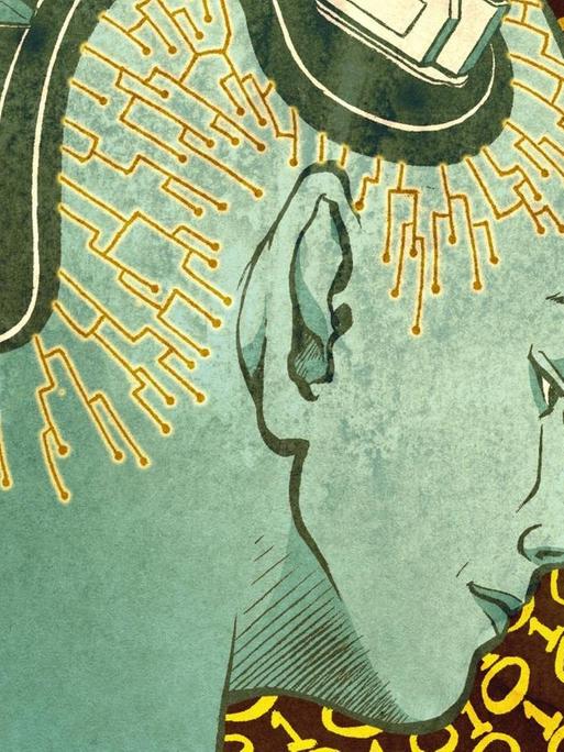 Illustration einer Person, deren nackter Kopf mit Computeranschlüssen verkabelt ist.
