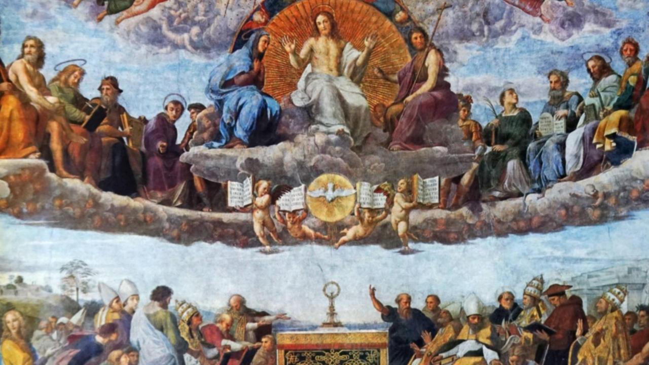 Das andere monumentales Wandbild Raffaels im Vatikan: Die"Disputa del Sacramento" (Ausschnitt)