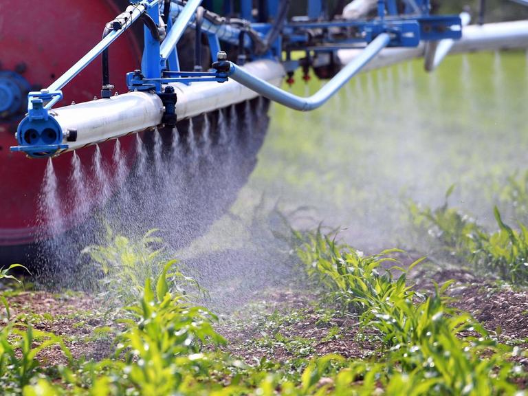 Ein Landwirt bringt das Pflanzenschutzmittel Glyphosat auf einem Feld aus.