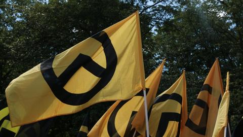 Flaggen der Identitären Bewegung auf einer Demonstration in Berlin am 17. Juni 2017 in Berlin.