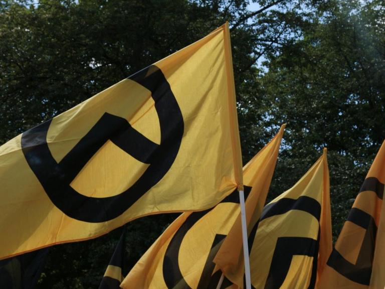 Flaggen der Identitären Bewegung auf einer Demonstration in Berlin am 17. Juni 2017 in Berlin.