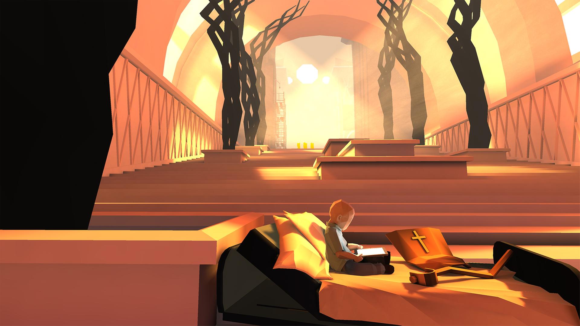 Im Still aus "That Dragon, Cancer" liest der Spieleprotagonist etwas auf seinem Tablet, umgeben von religiösen Symbolen.