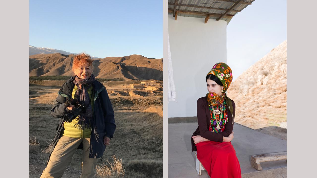Ein Porträt von der Fotografin Herline Koelbl, aufgenommen in Turkmenistan, und eine Frau in turkmenischer Alltagstracht in Neu-Nisa