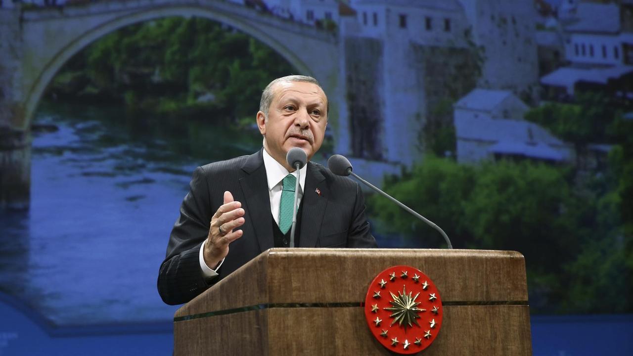 Turkey's President Recep Tayyip Erdogan addresses the representatives of Balkans' migrant groups in Ankara, Turkey, Thursday, March 23, 2017. Erdogan has criticized what he described as "pressure" on ethnic Turks in Bulgaria ahead of elections in the country. (Kayhan Ozer/Presidential Press Service, Pool Photo via AP)