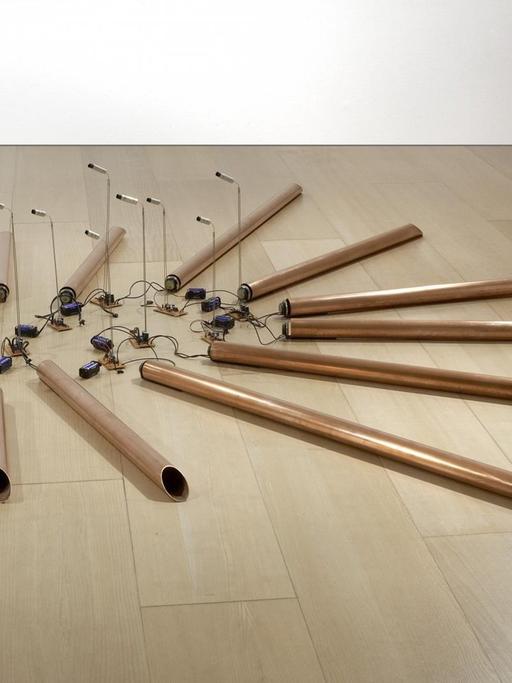 13 Metallrohre liegen strahlenförmig auf den Boden und sind mit diversen Mikrophonen bestückt