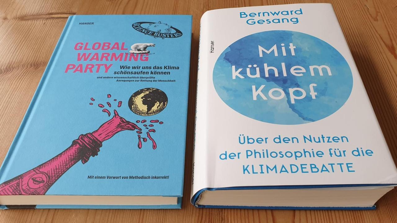 Die Cover der neue Bücher: "Mit kühlem Kopf: Über den Nutzen der Philosophie für die Klimadebatte" und "Global Warming Party".