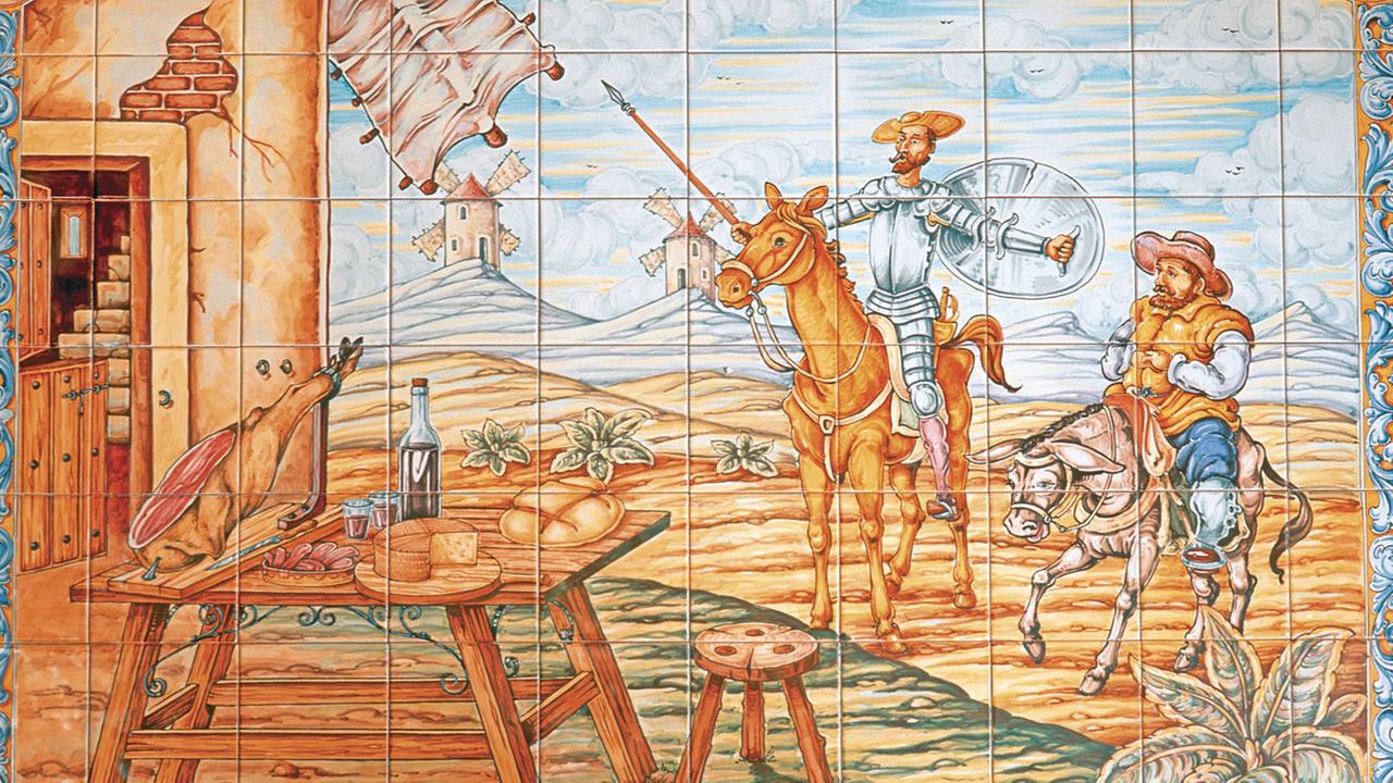 Kachelbild mit einer Szene aus Cervantes' "Der sinnreiche Junker Don Quijote von der Mancha" in einem Cafe in Templeque in der spanischen Region Kastilien-La Mancha.