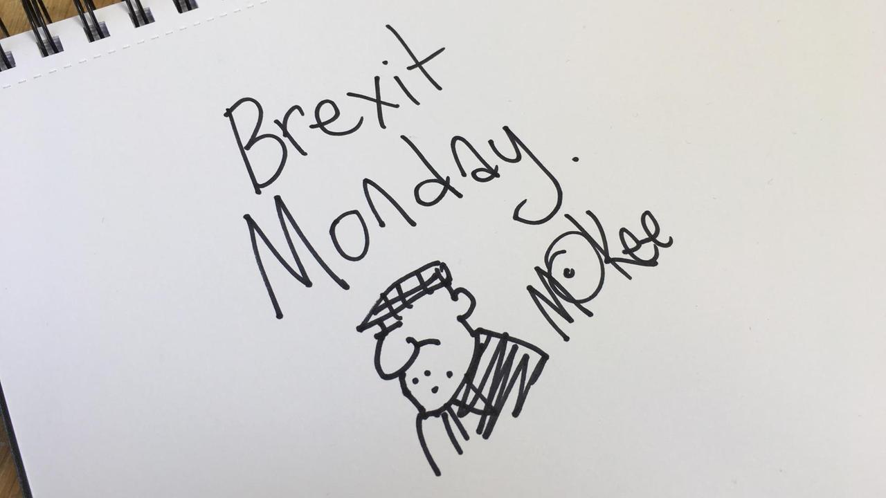 Cartoon-Zeichner Pete McKee hat der Corso-Serie "Brexit Monday" ein Bild gewidmet: Es zeit den Serientitel und einen Mann mit Schiebermütze