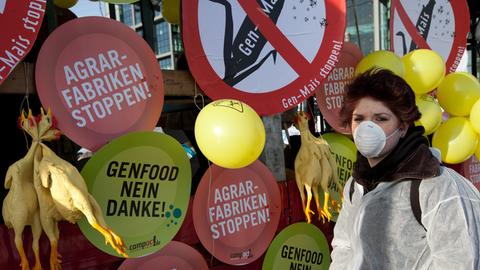 Eine maskierte Demonstrantin protestiert gegen Gen-Food in Berlin.