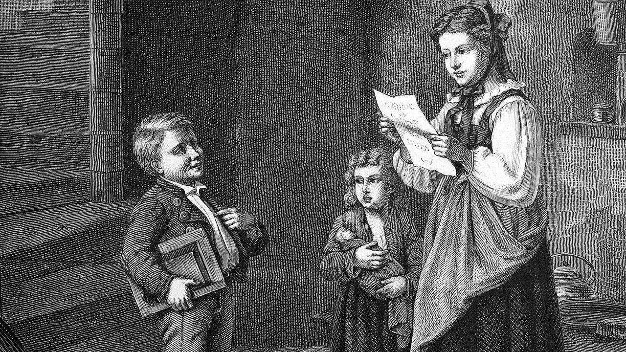 Junge zeigt seiner Mutter das Zeugnis. Historischer Holzstich von 1886.