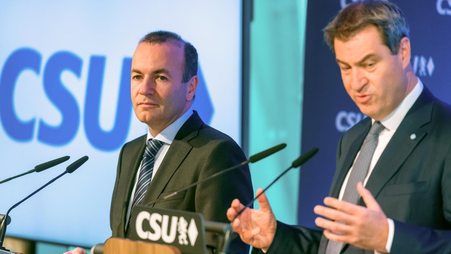 Manfred Weber , EVP-Spitzenkandidat, und Markus Söder, CSU-Parteivorsitzender in München. Manfred Weber , EVP-Spitzenkandidat, und Markus Söder, CSU-Parteivorsitzender in München.
