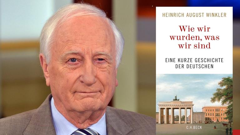 Konterfei des Historikers Heinrich August Winkler während einer Talkschow aus dem Jahre 2017. Neben ihm das Buchcover seines jüngsten Buches "Wie wir wurden, was wir sind. Eine kurze Geschichte der Deutschen", worauf das Brandenburger Tor abgebildet ist.