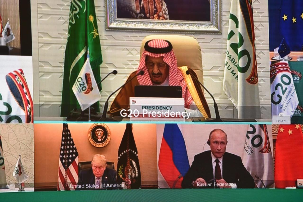 Saudi-Arabiens König Salman eröffnet den G20-Gipfel als Gastgeber per Videoschalte.