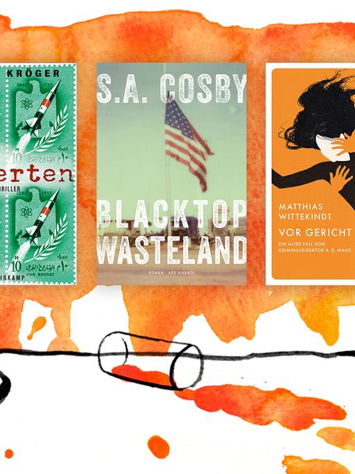 Die Cover der Top drei der Krimibestenliste von Deutschlandfunk Kultur: Merle Krögers "Die Experten",  S.A. Cosbys "Blacktop Wasteland" und Matthias Wittekindts "Vor Gericht".