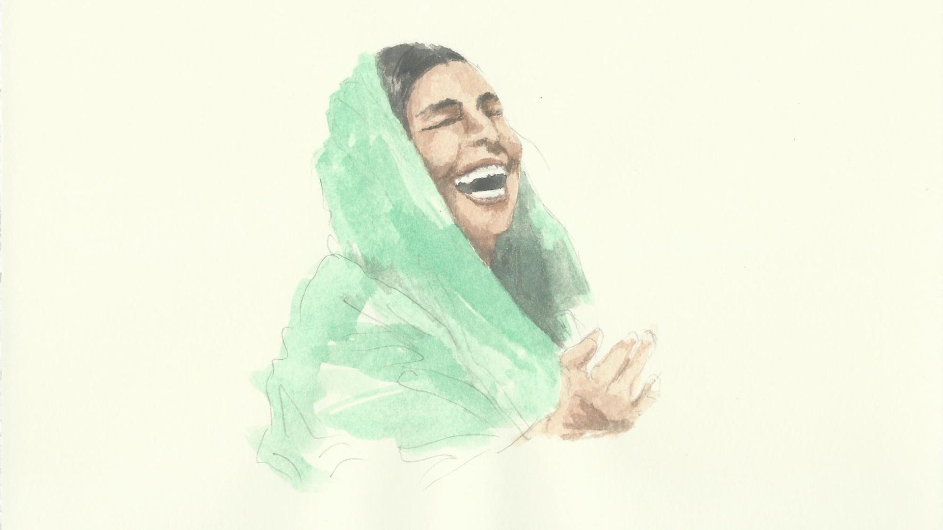 Eine Frau lacht mit geschlossenen Augen. Es handelt sich hier um eine Aquarellzeichnung.