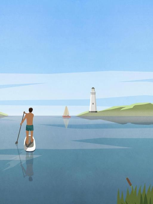 Illustration von zwei Personen, die jeweils auf einem Paddelboard auf dem Wasser fahren. Im Hintergrund ist ein Leuchtturm zu sehen.